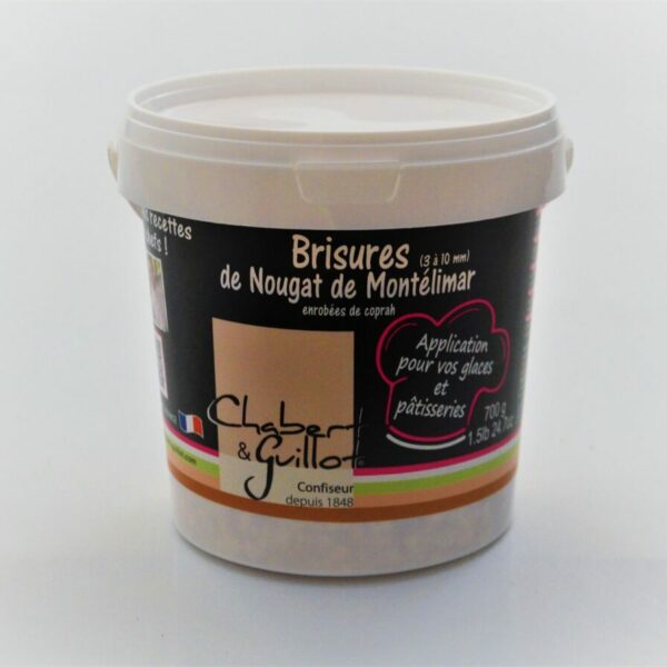 Brisures de nougat de Montélimar 3à10mm enrobées de coprah pot de 700gr (Préco)